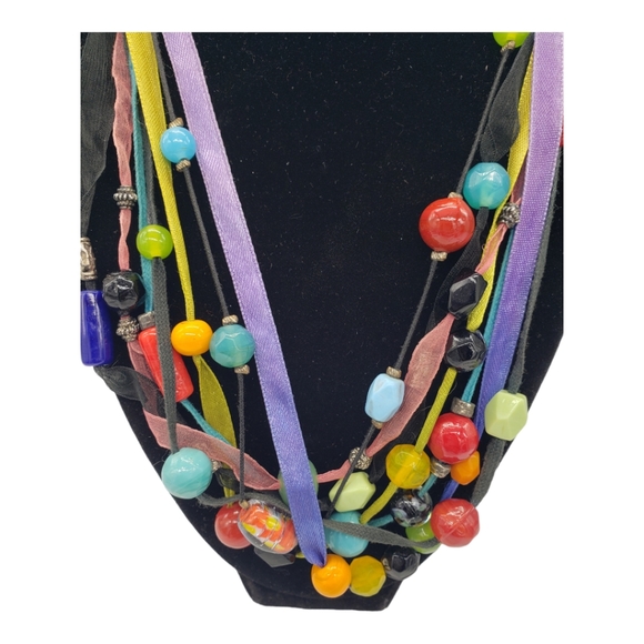 Multi-strand Ribbon Multicolor Beaded Necklace - Picture 2 of 5
